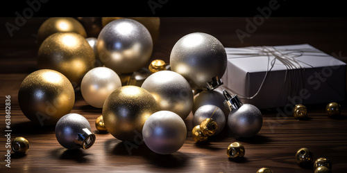 Close up of golden christmas balls or bauble with confetti, decoration, for branches, lights, bokeh. Christmas and New 2024 year card. Holidays background with copy space. Generative ai.