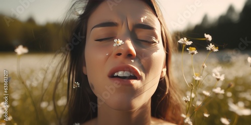 Hay Fever Moment: Beautiful Female Face Sneezing in Front of Flowering Meadow, Capturing the Discomfort of Allergies with Pollen Flying Through the Air Amid Lively Summer Expressions