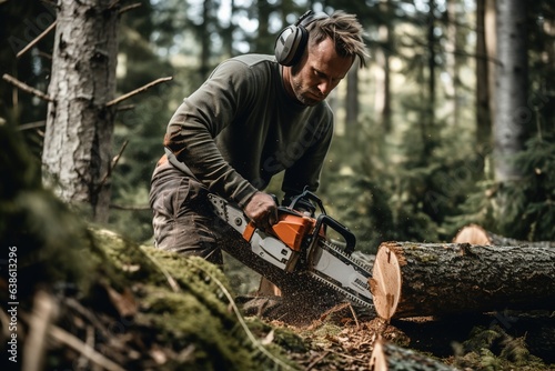 A man is cutting wood in the forest with a chainsaw. photo