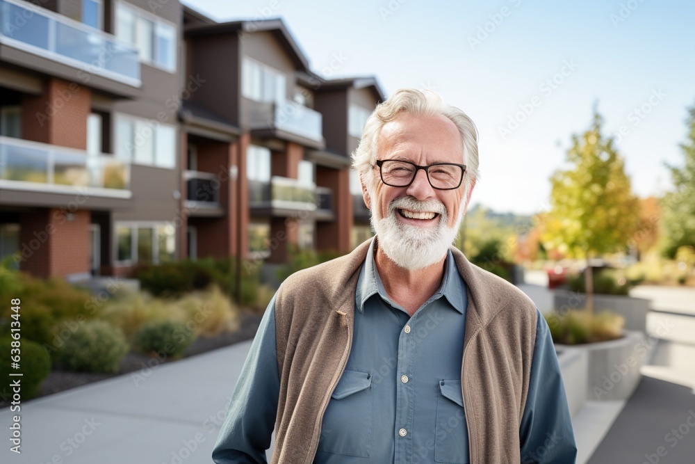 Senior man smiling outside of an apartment complex. Senior man smiling outside of an apartment complex.