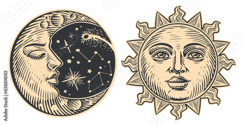 Sun and Moon with face. Day and night concept. Hand drawn vintage vector illustration astrology engraving style