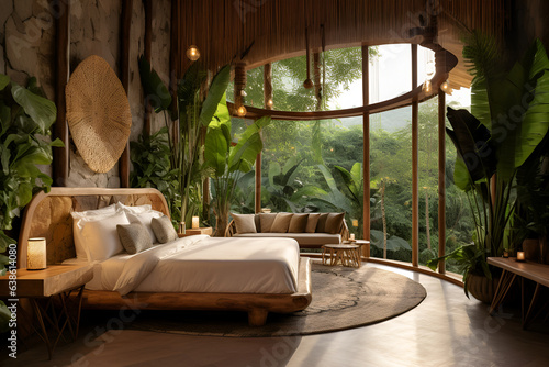 Eco-lodge hotel interior with tropical forest view, creating a serene and relaxing ambiance, surrounded by the nature
