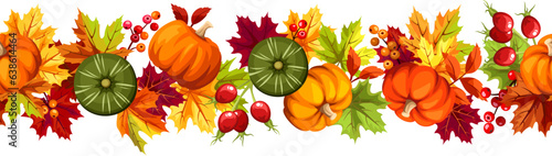 Seamless border with pumpkins, colorful autumn leaves, rowan berries, and rosehip. Vector illustration