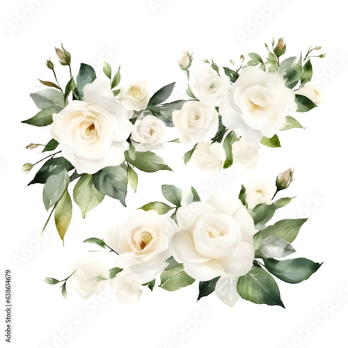 White roses with green leaves. Watercolor illustration. Isolated on white background.