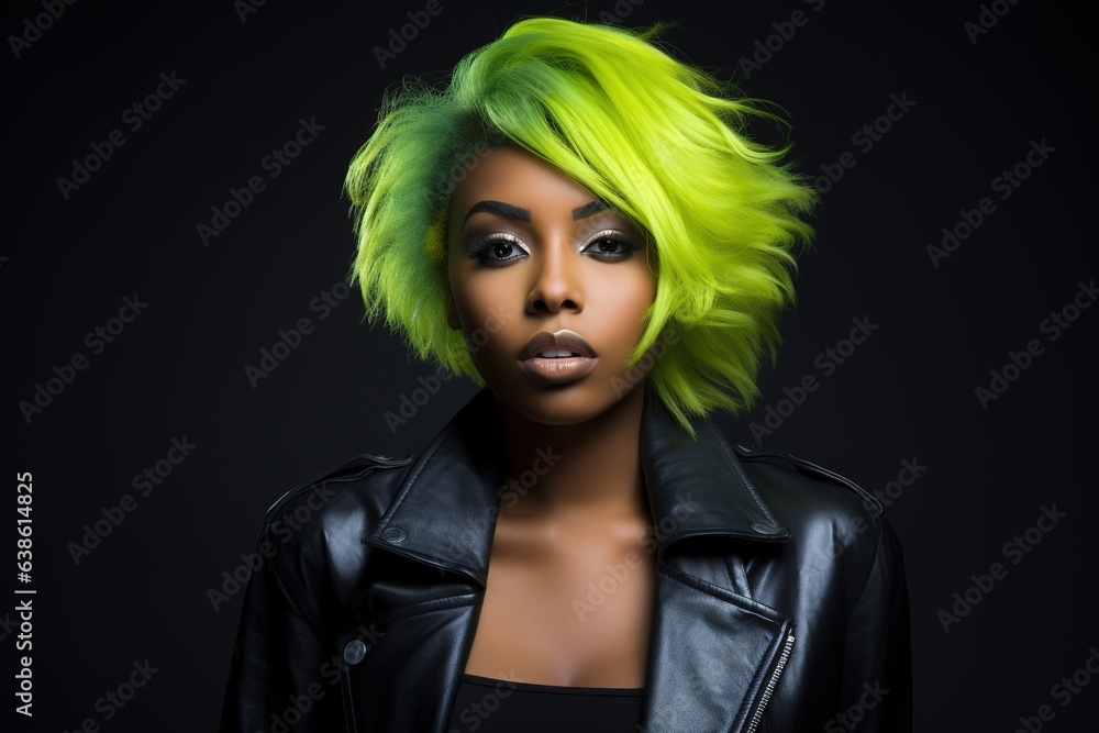 Beautiful African American woman with green hair.