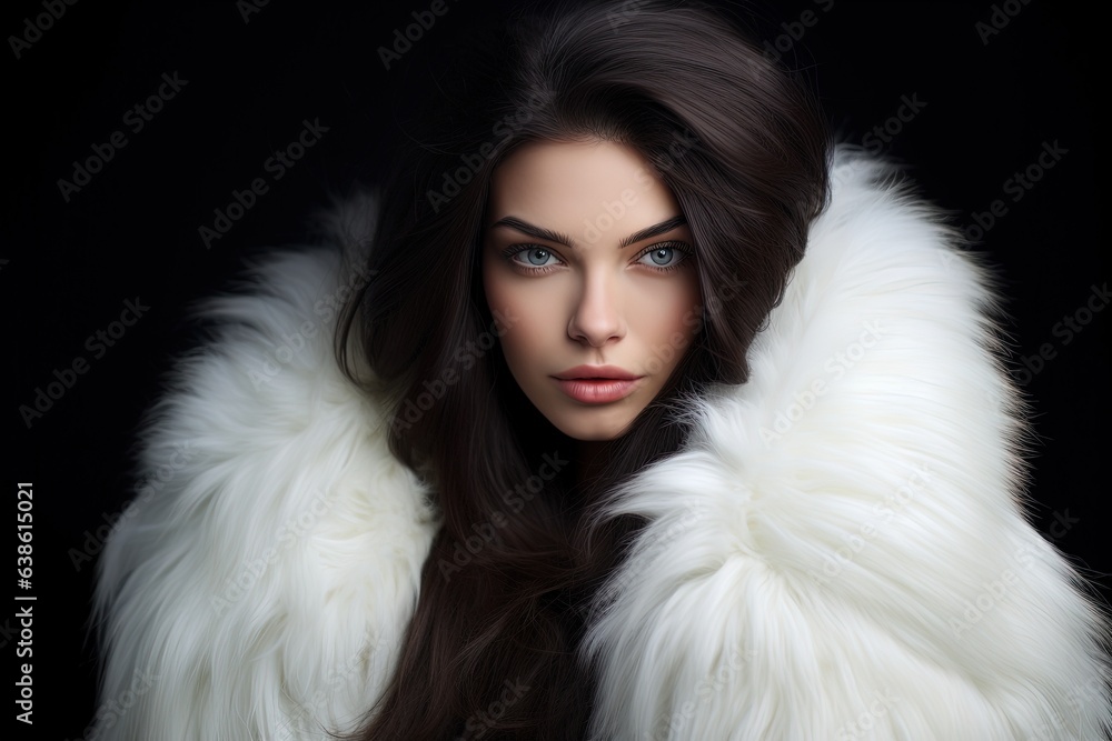 Beautiful woman with long hair and white fur coat.
