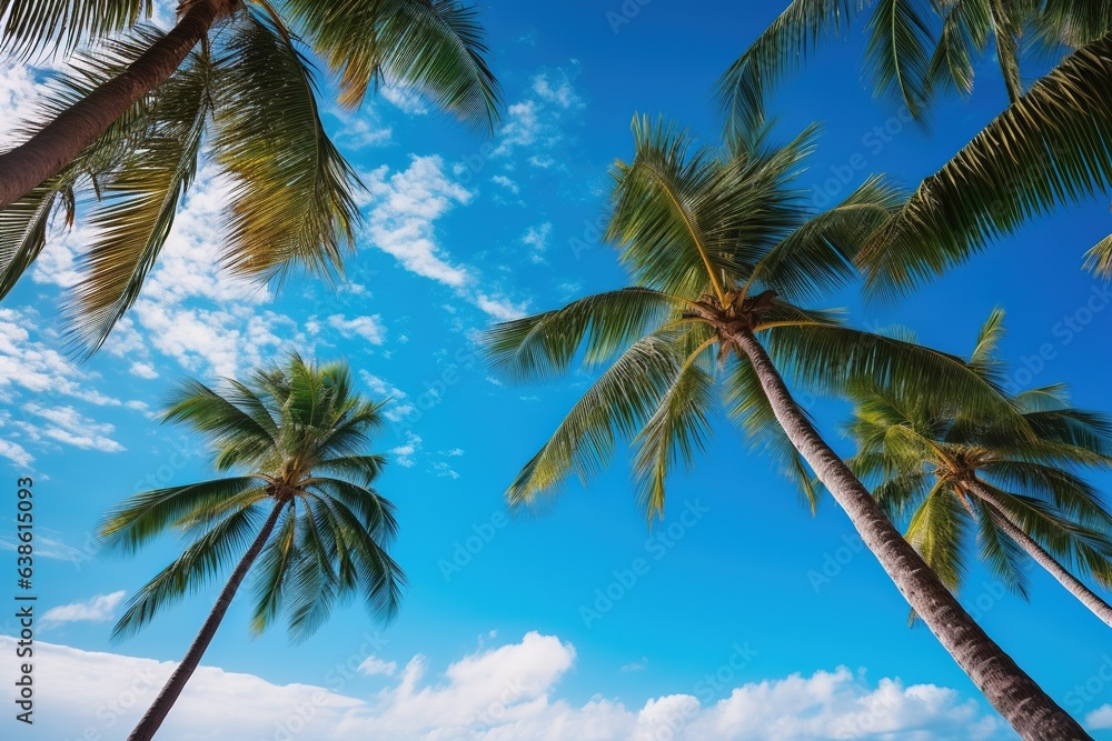 Tropical beach with blue sky and palm trees, view from below. 