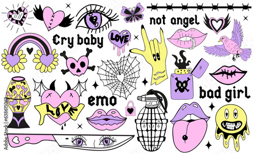 Y2k 2000s cute emo goth aesthetic stickers  tattoo art elements and slogan. Vintage pink and black gloomy set. Gothic concept of creepy love. Vector illustration