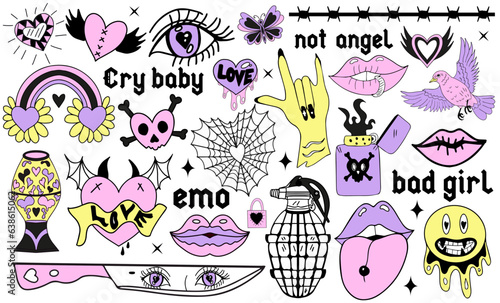 Y2k 2000s cute emo goth aesthetic stickers, tattoo art elements and slogan. Vintage pink and black gloomy set. Gothic concept of creepy love. Vector illustration
