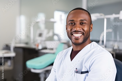 African American male dentist smiling in clinic.