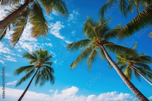 Tropical beach with blue sky and palm trees  view from below. 