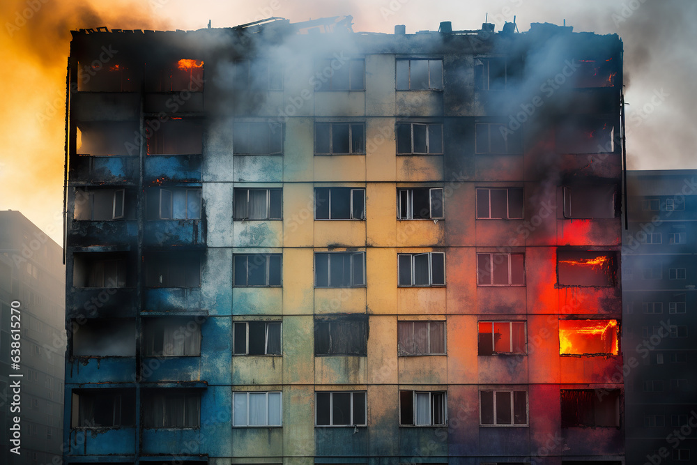 Burning apartment building during a fire in the city at sunset.