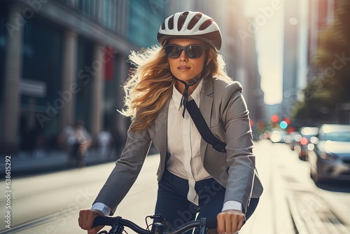 Businesswoman wearing helmet biking with bicycle to work.