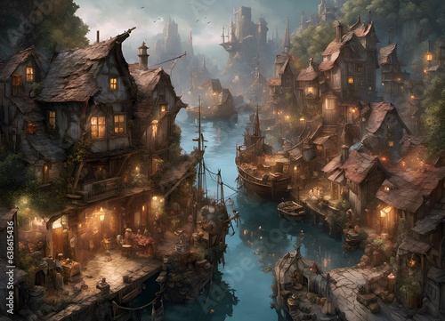 a fantasy style storybook fairytale town with illuminated houses in a river valley with boat moorings shops and inns