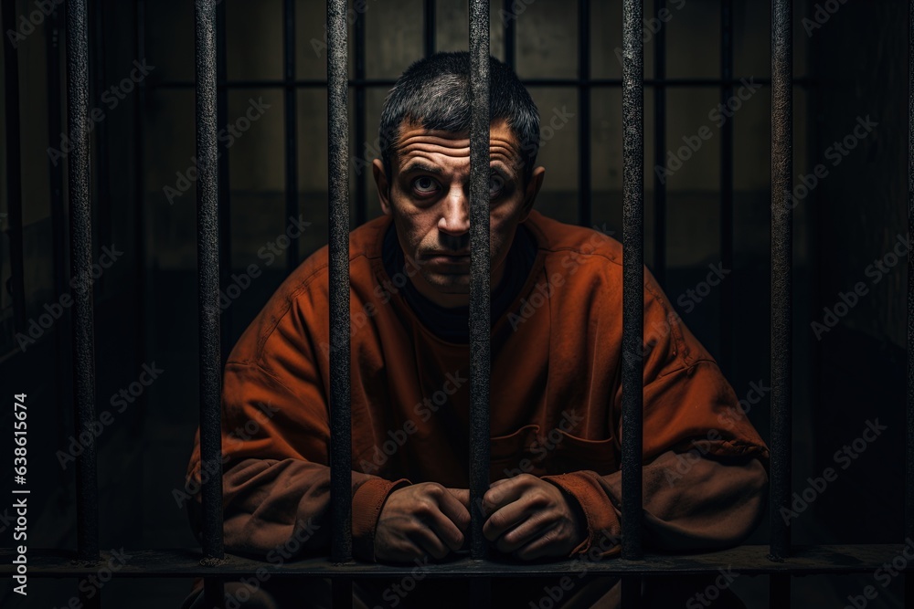 Criminal behind bars in prison. Criminal behind bars in prison.