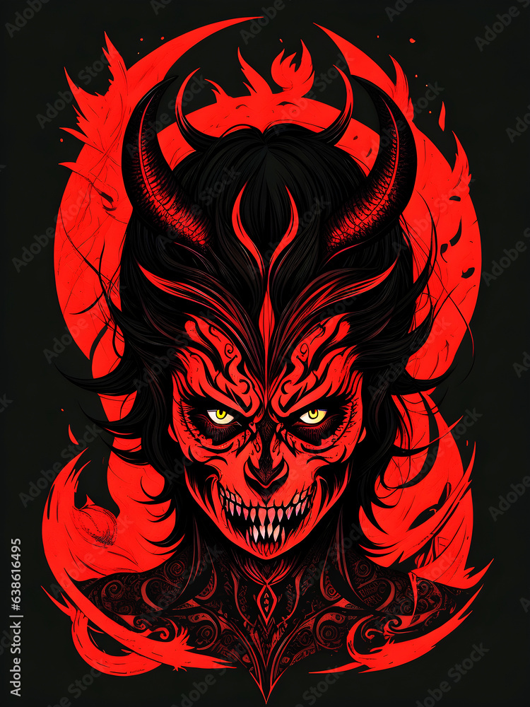 demon head tattoo on black background. Vector illustration. generative ai
