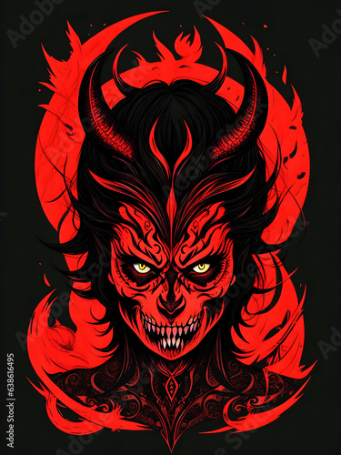 demon head tattoo on black background. Vector illustration. generative ai