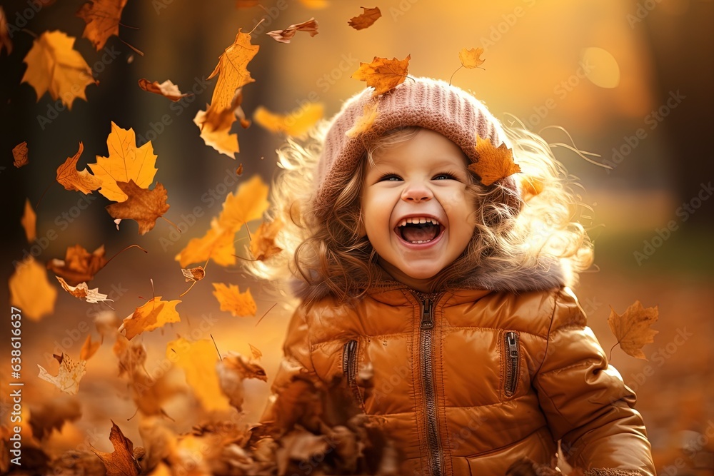 Happy little girl laughing and playing in autumn leafs. Happy little girl laughing and playing in autumn leafs.