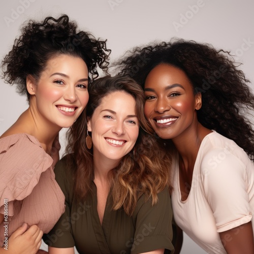 Joyful portrait of women friends in a studio, radiating natural beauty and happiness.