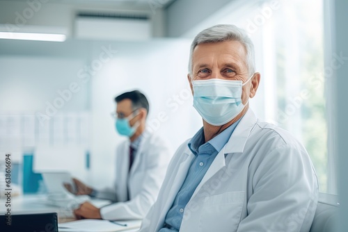 Happy senior doctor, dressed in medical mask.
