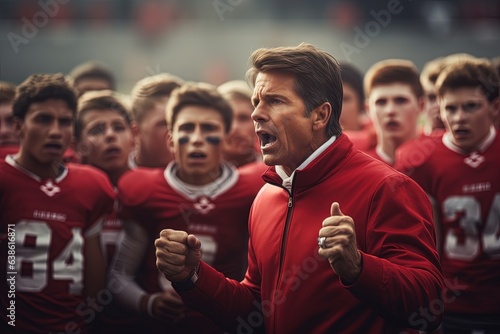 Inspiring high school football coach delivering a passionate speech. photo