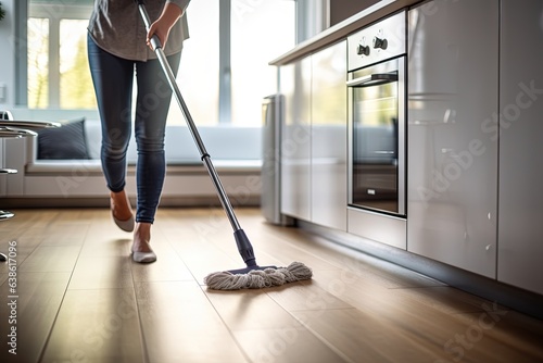 Woman mopping floor in kitchen.