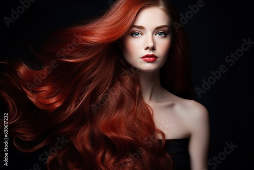 Young woman with healthy long wavy red hair.