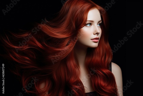 Young woman with healthy long wavy red hair.