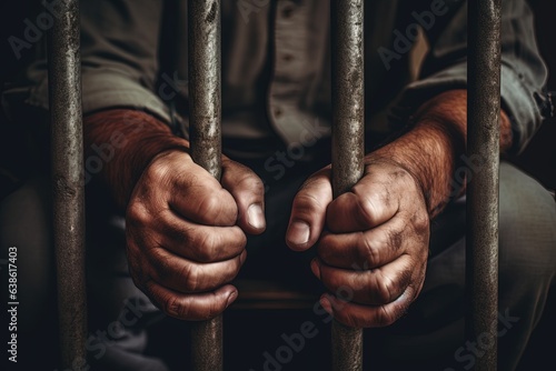 Fotografia Men's hands rest on the bars of a prison cell.