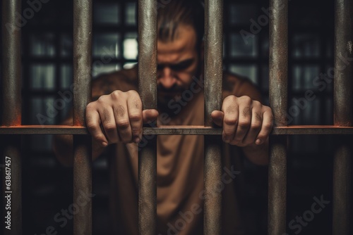 Men's hands rest on the bars of a prison cell.