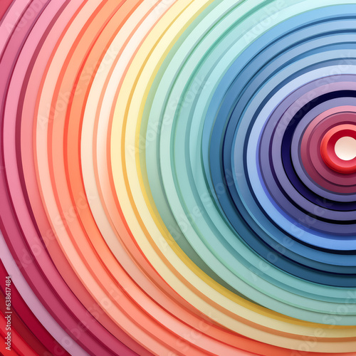He arranges oblong shapes of various colors in a concentric pattern.
