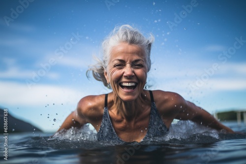 Old happy woman swim in the lake.