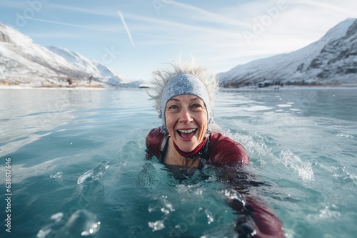 Old happy woman swim in the lake. © Bargais