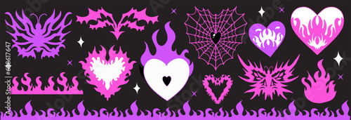 y2k gothic flame tattoo pink stickers. Retro psychedelic love art. , barbed wire, fire, butterfly, heart. Aesthetic 2000s emo goth girl. Vector illustration