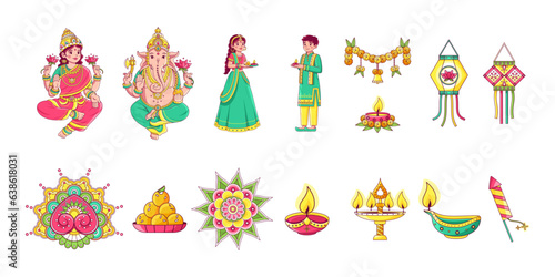vector diwali cute indian festival set illustration isolated