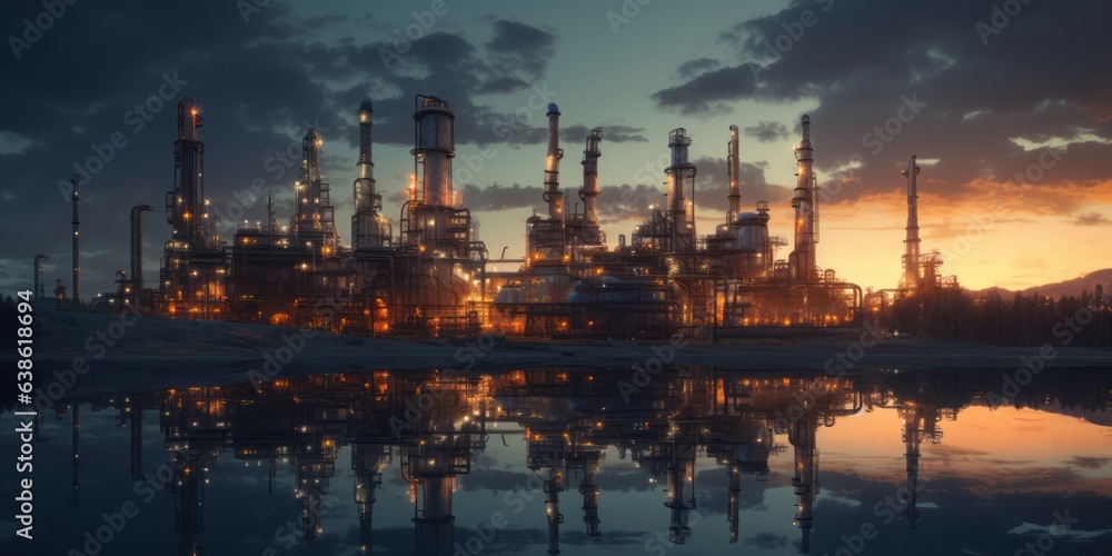 Industrial Elegance: Oil Refinery at Dusk in Photorealistic Still Life Style, Showcasing Molecular Details with Ray Tracing and Reflective Mirroring, Infusing the Scene with Atmospheric and Dreamy Cha