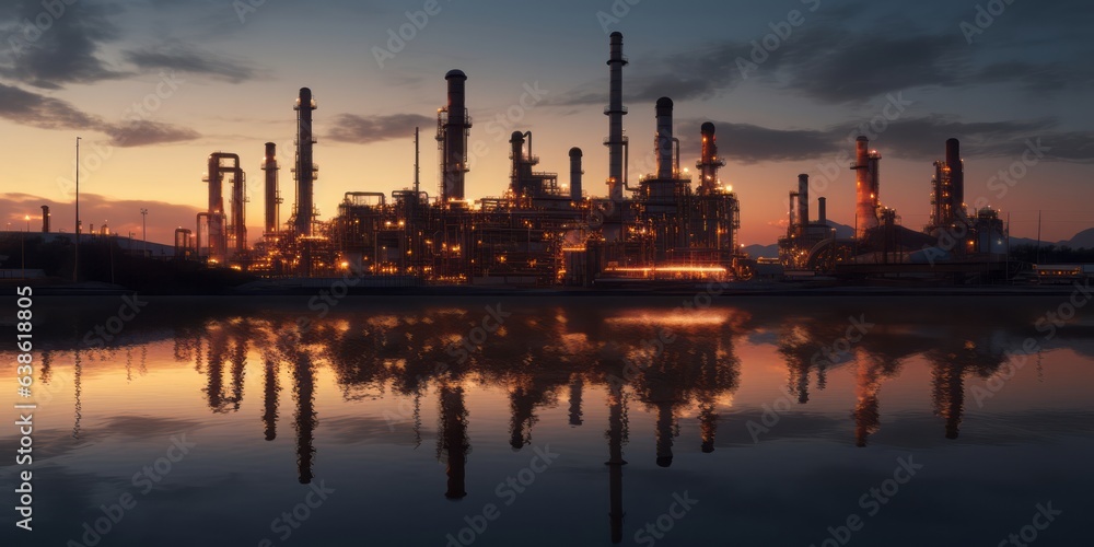 Industrial Elegance: Oil Refinery at Dusk in Photorealistic Still Life Style, Showcasing Molecular Details with Ray Tracing and Reflective Mirroring, Infusing the Scene with Atmospheric and Dreamy Cha