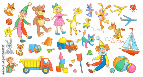 Big collection of children's toys for boys and girls. In cartoon style. Isolated on white background. Vector  illustration.
