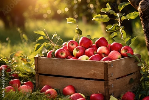 Ripe apples in a wooden boxes on the background of an apple orchard.