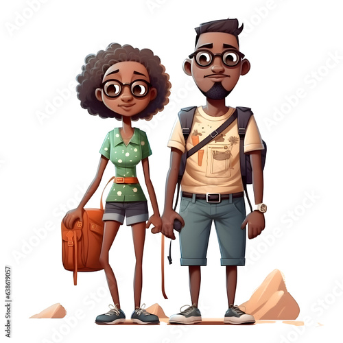 Young african american tourist couple with backpacks. Cartoon vector illustration.