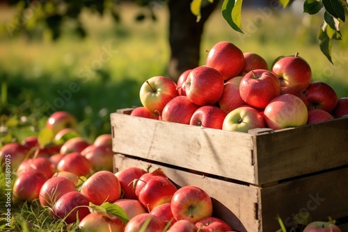 Ripe apples in a wooden boxes on the background of an apple orchard.