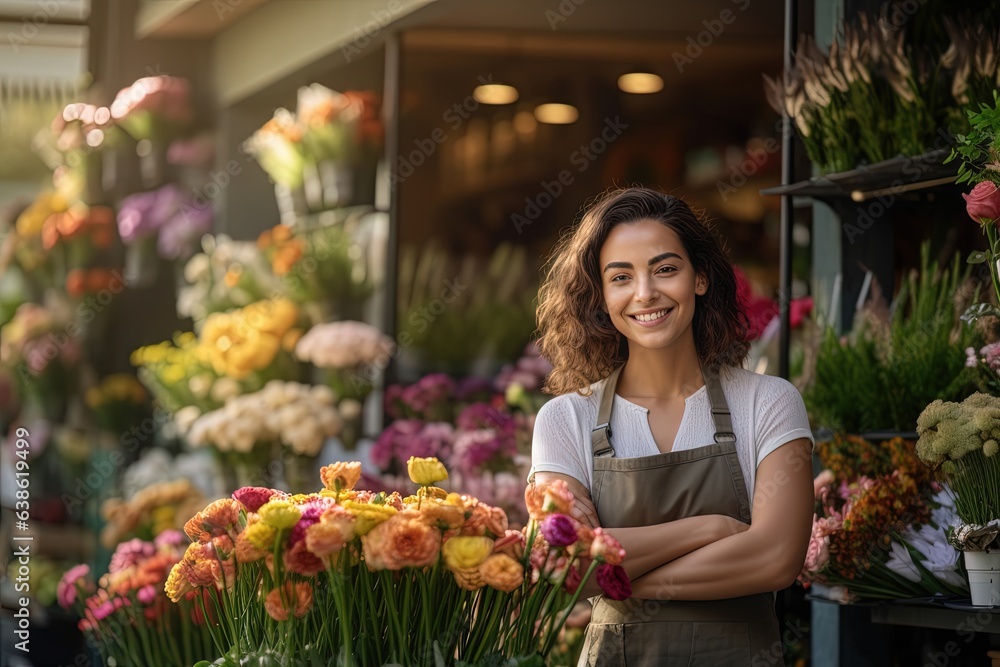 Smiling florist standing in front of a flower shop.
