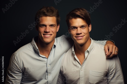 Smiling identical male twins.