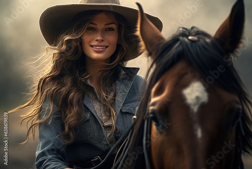 Smiling woman in cowboy style riding a horse. © Bargais