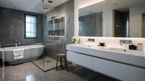 A bathroom with a tub  sink  and mirror. Generative AI.