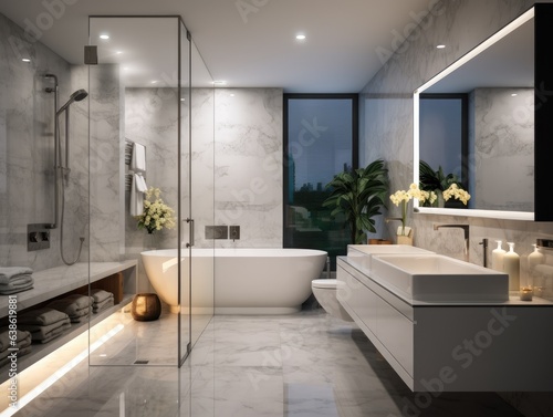 A bathroom with a large window and a tub. Generative AI.