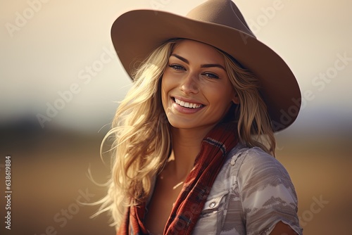 Smiling woman in cowboy style.