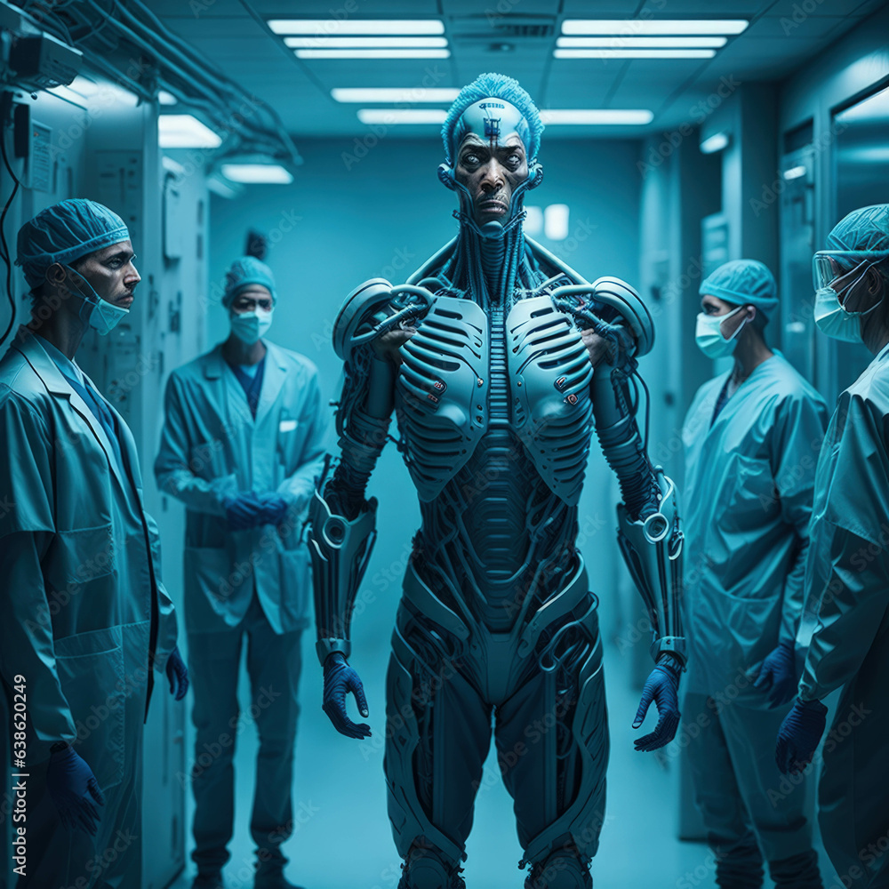 Realistic Cyborg Robot Leading A Team Of Doctors, Medical Hospital, Preparing For Surgery, Robots In Human Jobs Concept, Generative AI Realistic Cyborg Robot Leading A Team Of Doctors, Medical Hospital, Preparing For Surgery, Robots In Human Jobs Concept, Generative AI