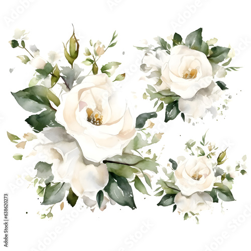 Watercolor bouquet with white roses. Isolated on white background.