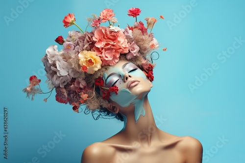 Abstract woman portrait with flowers over head. © Bargais